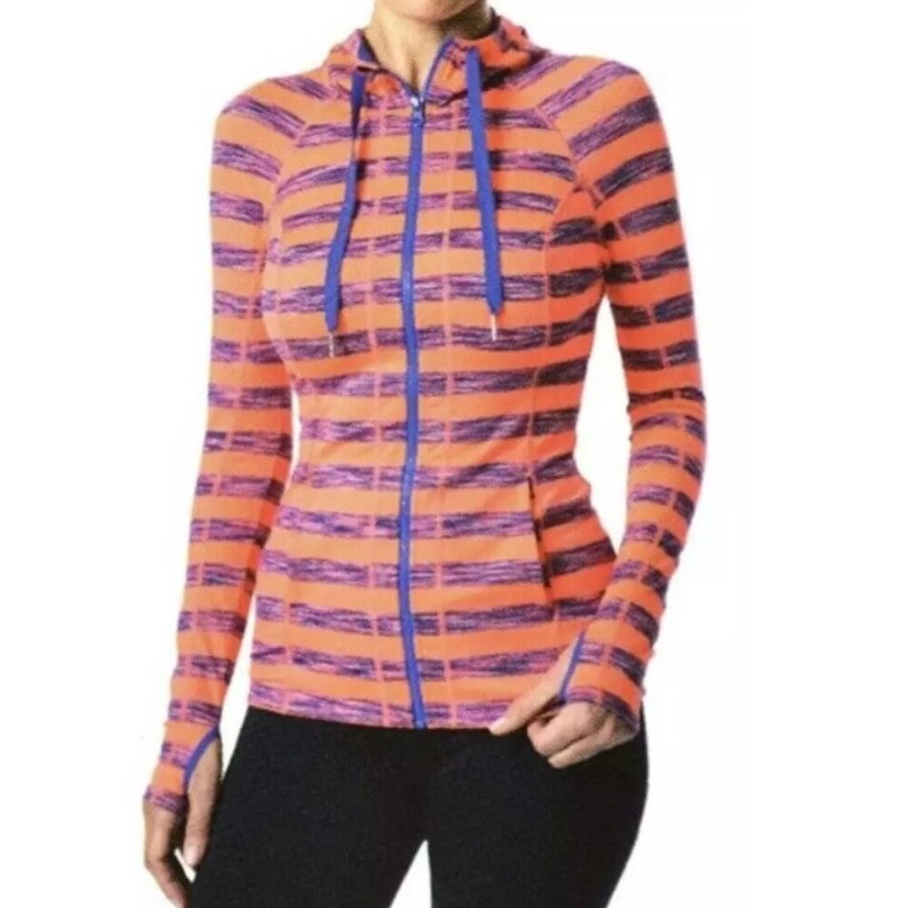 Lukka Jacket Womens M Orange and Blue Striped Hooded Zip Up Long Sleeve